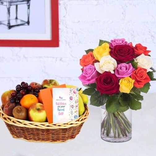 Mix Roses Vase With Fruit Basket