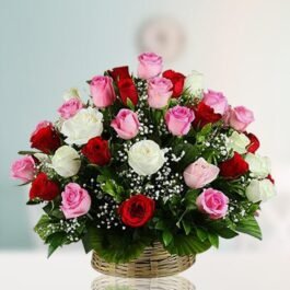 Pink, White and Red Roses Basket