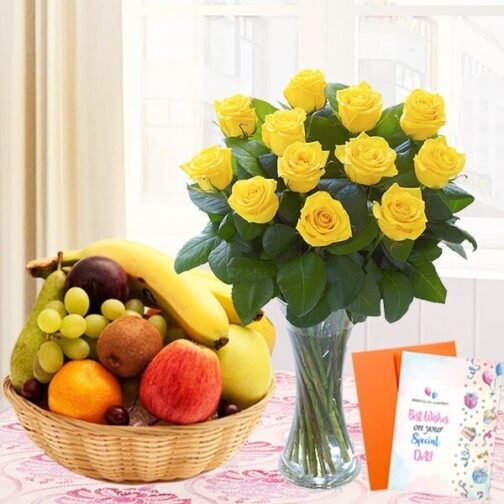 Yellow Roses Vase With Fruit Basket